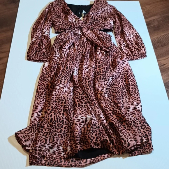 Anthropologie Tan and Black Cut Away Waist Cheetah Print Midi Dress A25 - Picture 1 of 10